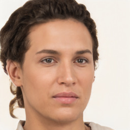 Neutral white young-adult female with short  brown hair and brown eyes