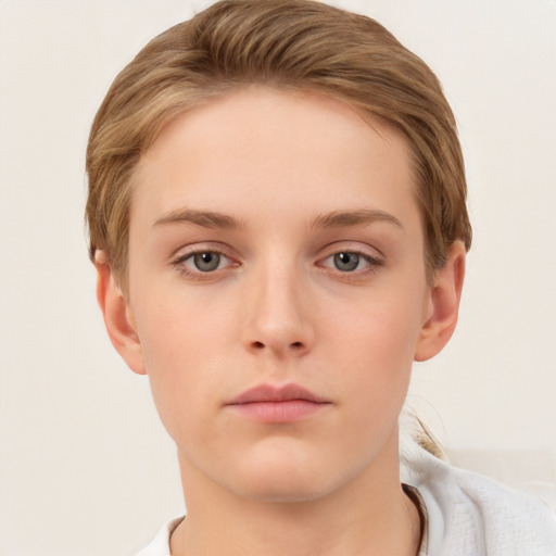 Neutral white young-adult female with short  brown hair and brown eyes