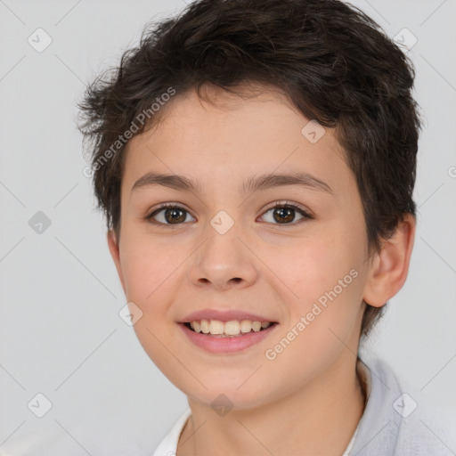 Joyful white child female with short  brown hair and brown eyes