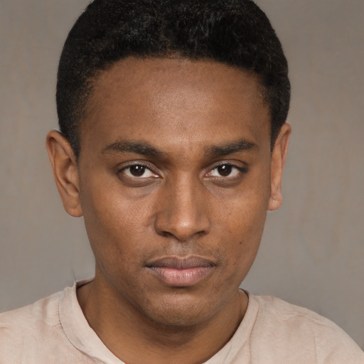 Neutral black young-adult male with short  brown hair and brown eyes