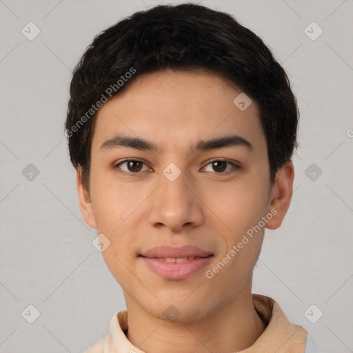 Neutral asian young-adult male with short  black hair and brown eyes