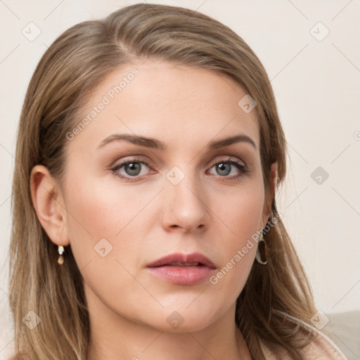 Neutral white young-adult female with long  brown hair and grey eyes