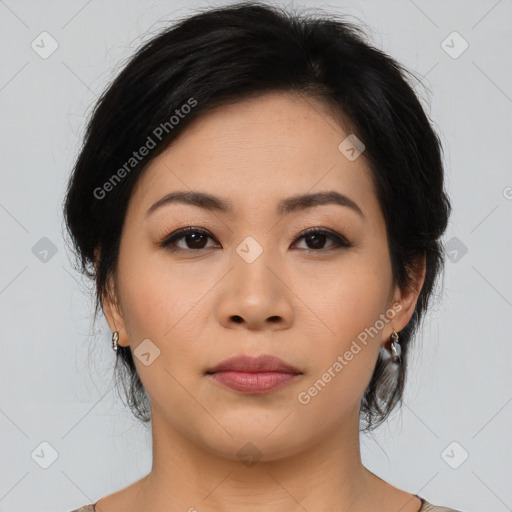 Neutral asian young-adult female with medium  brown hair and brown eyes