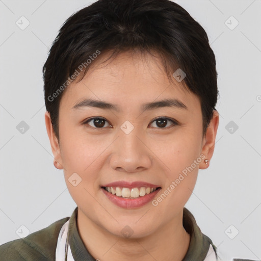 Joyful asian young-adult female with short  brown hair and brown eyes