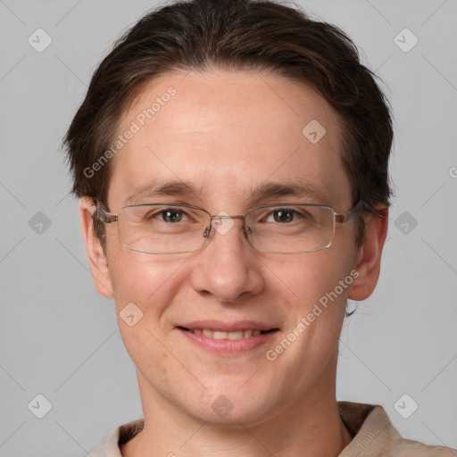 Joyful white adult male with short  brown hair and grey eyes