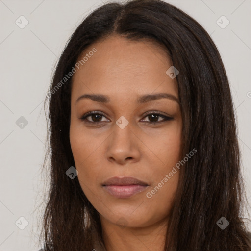 Neutral asian young-adult female with long  brown hair and brown eyes