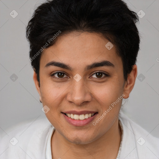 Joyful white young-adult female with short  brown hair and brown eyes