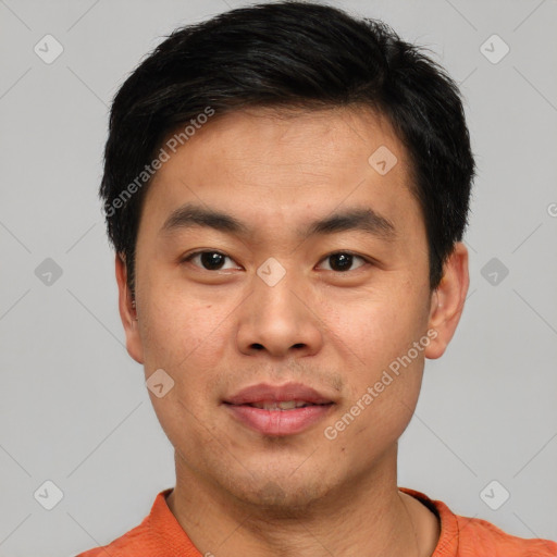 Neutral asian young-adult male with short  black hair and brown eyes