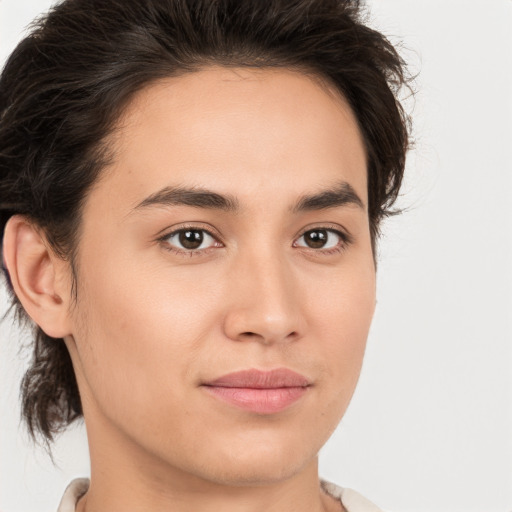 Joyful white young-adult male with medium  brown hair and brown eyes