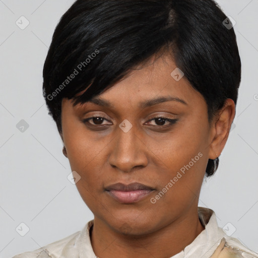 Joyful latino young-adult female with short  black hair and brown eyes