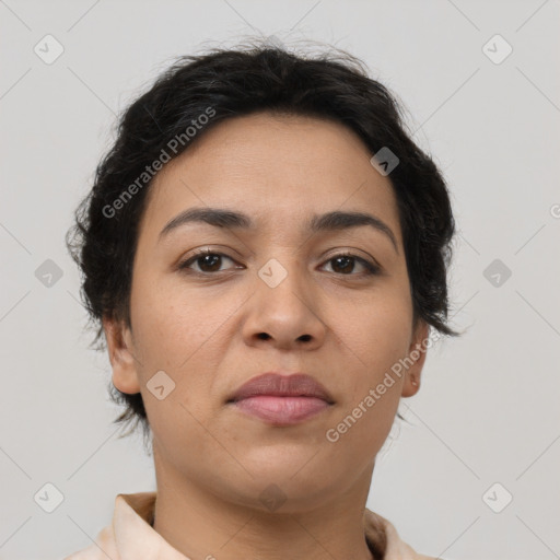 Neutral latino young-adult female with short  brown hair and brown eyes