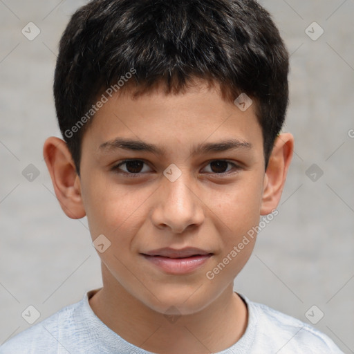 Joyful white child male with short  brown hair and brown eyes