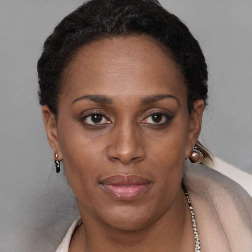 Joyful black adult female with short  brown hair and brown eyes