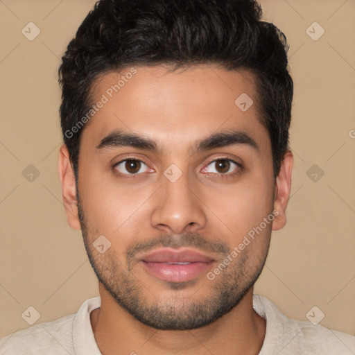 Neutral latino young-adult male with short  black hair and brown eyes