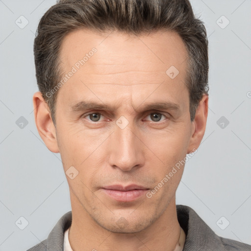 Neutral white adult male with short  brown hair and brown eyes