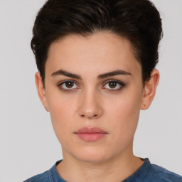 Neutral white young-adult female with short  brown hair and brown eyes