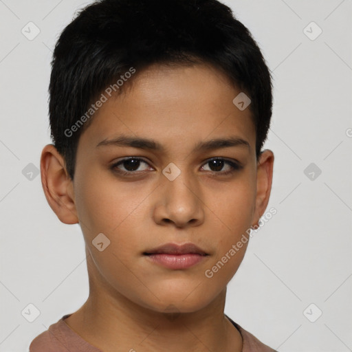 Neutral latino young-adult female with short  brown hair and brown eyes