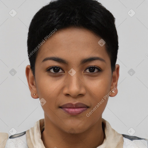 Joyful latino young-adult female with short  black hair and brown eyes