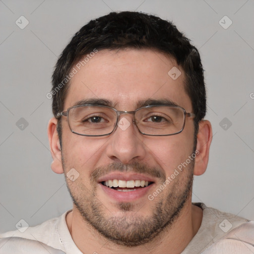 Joyful white young-adult male with short  brown hair and brown eyes