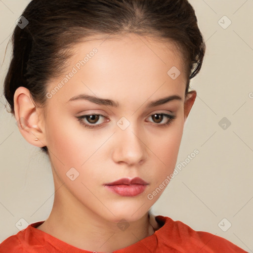 Neutral white young-adult female with short  brown hair and brown eyes