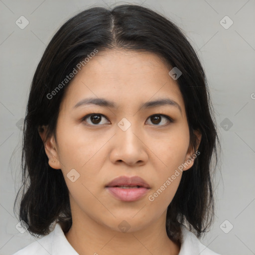 Neutral asian young-adult female with medium  black hair and brown eyes