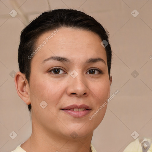 Joyful white young-adult female with short  brown hair and brown eyes