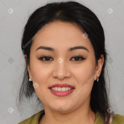 Joyful latino young-adult female with medium  black hair and brown eyes