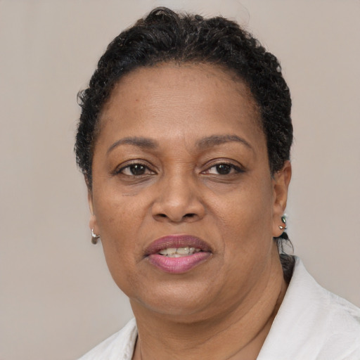 Joyful black adult female with short  brown hair and brown eyes