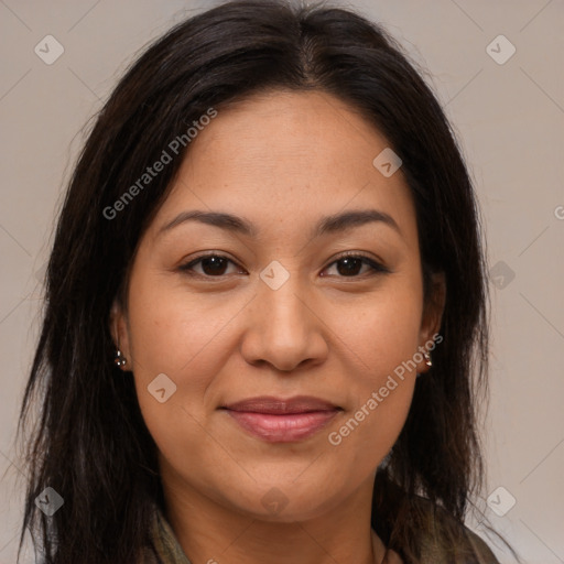 Joyful latino young-adult female with medium  brown hair and brown eyes