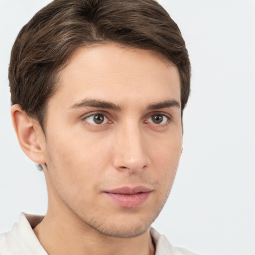 Neutral white young-adult male with short  brown hair and brown eyes