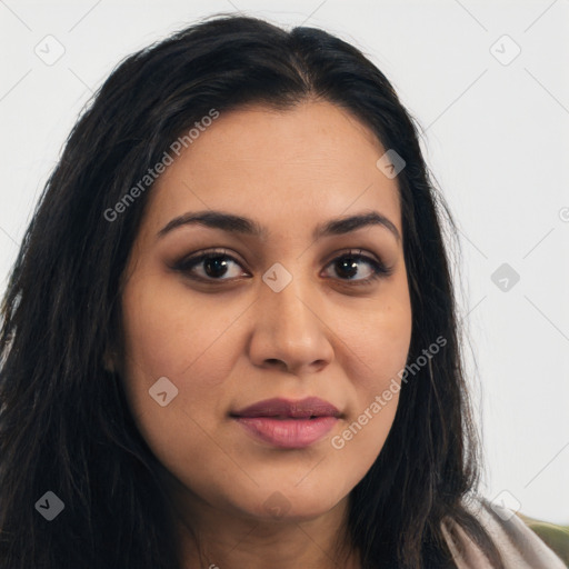 Joyful latino young-adult female with long  brown hair and brown eyes