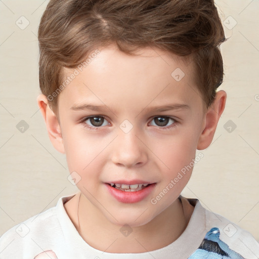 Joyful white child male with short  brown hair and brown eyes