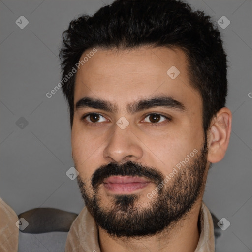 Joyful latino young-adult male with short  black hair and brown eyes