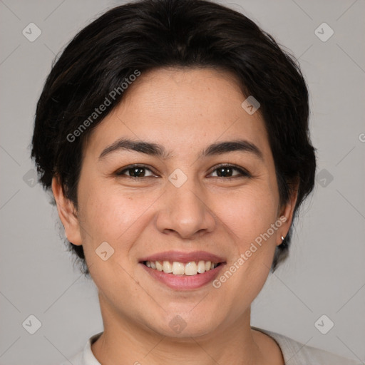 Joyful white young-adult female with medium  brown hair and brown eyes