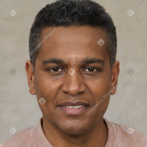 Joyful black adult male with short  brown hair and brown eyes