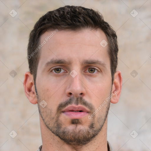 Neutral white young-adult male with short  brown hair and brown eyes