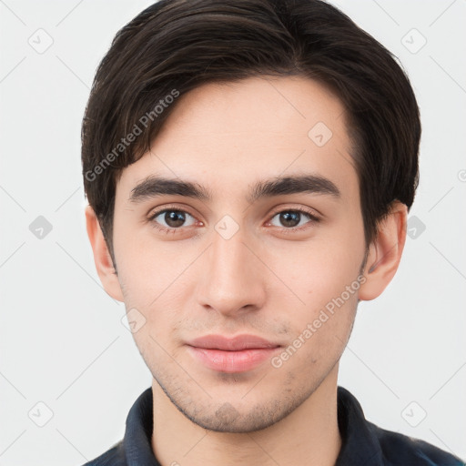 Neutral white young-adult male with short  brown hair and brown eyes