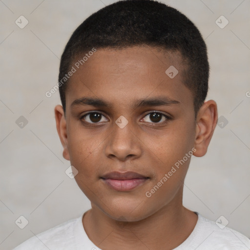 Joyful black young-adult male with short  brown hair and brown eyes