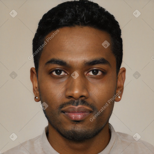 Neutral black young-adult male with short  black hair and brown eyes