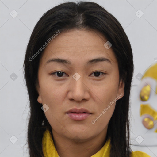 Joyful asian young-adult female with medium  brown hair and brown eyes