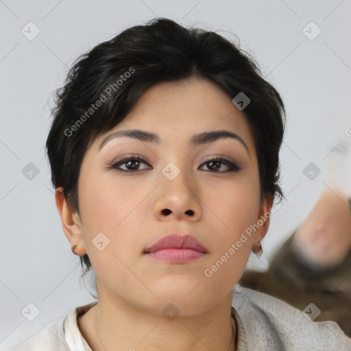 Neutral asian young-adult female with short  brown hair and brown eyes