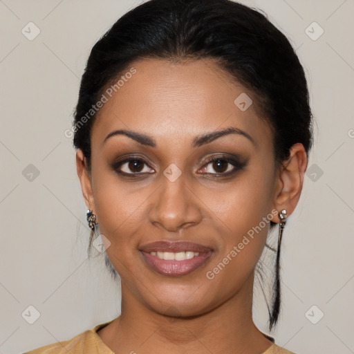 Joyful latino young-adult female with short  brown hair and brown eyes