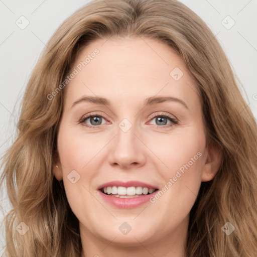 Joyful white young-adult female with long  brown hair and green eyes