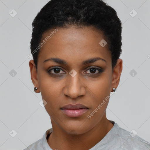 Neutral black young-adult female with short  black hair and brown eyes