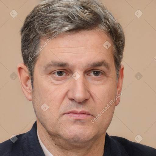 Neutral white middle-aged male with short  brown hair and brown eyes