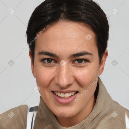 Joyful white young-adult female with short  brown hair and brown eyes