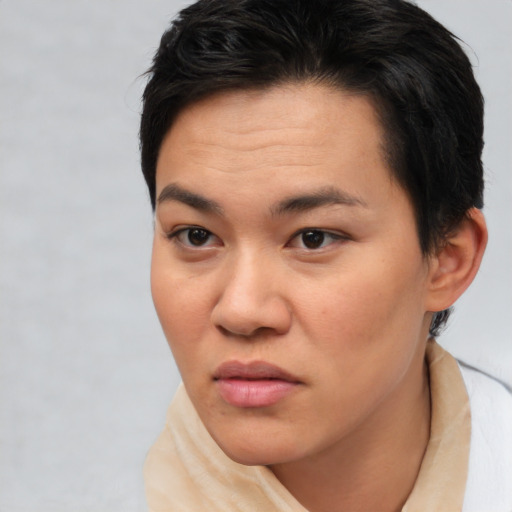 Neutral asian young-adult female with short  brown hair and brown eyes