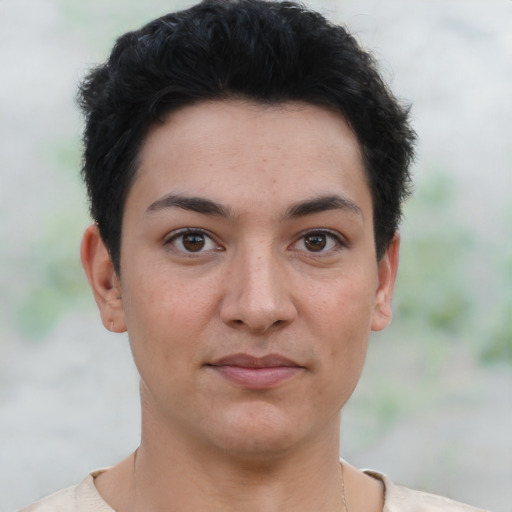 Neutral white young-adult female with short  black hair and brown eyes