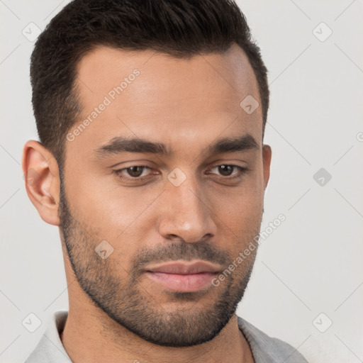 Neutral white young-adult male with short  brown hair and brown eyes