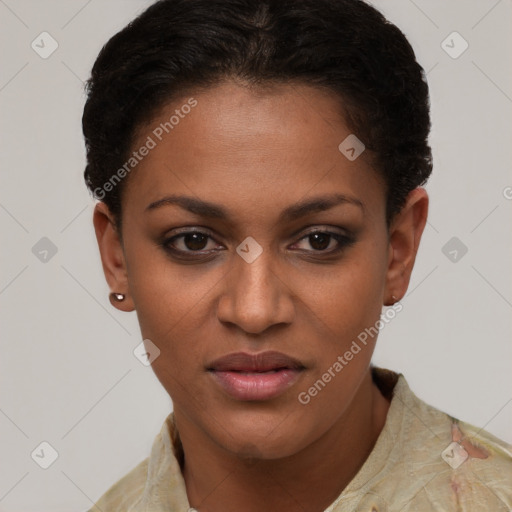 Joyful black young-adult female with short  brown hair and brown eyes